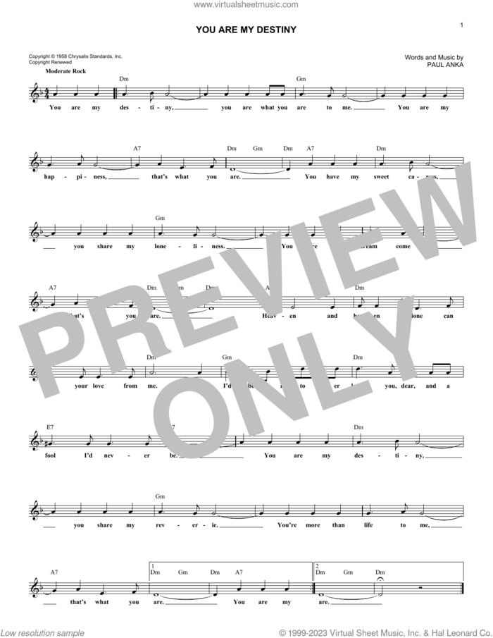 You Are My Destiny sheet music for voice and other instruments (fake book) by Paul Anka, intermediate skill level