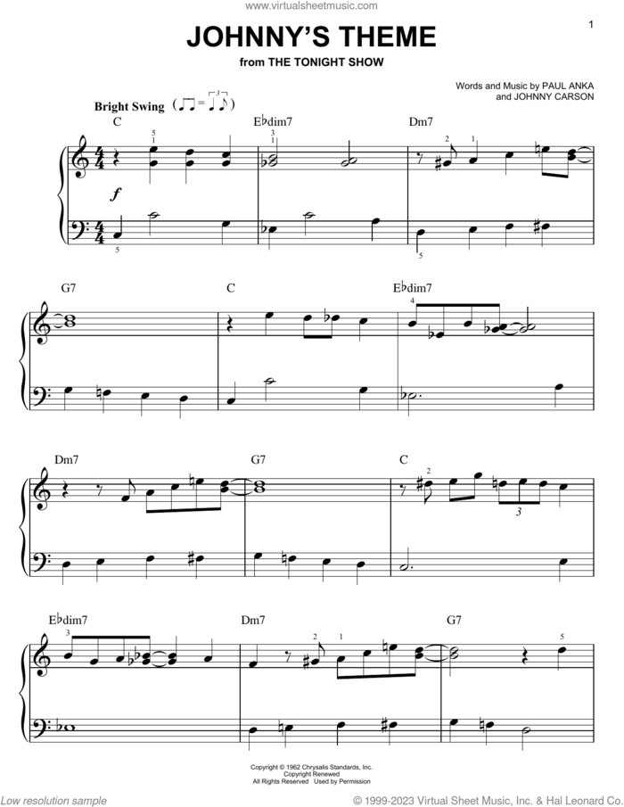 Johnny's Theme sheet music for piano solo by Paul Anka and Johnny Carson, easy skill level