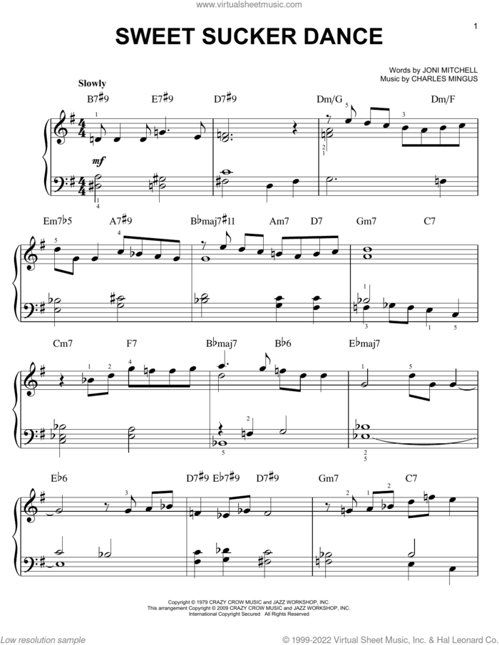 Sweet Sucker Dance sheet music for piano solo by Mingus Dynasty, Charles Mingus and Joni Mitchell, easy skill level