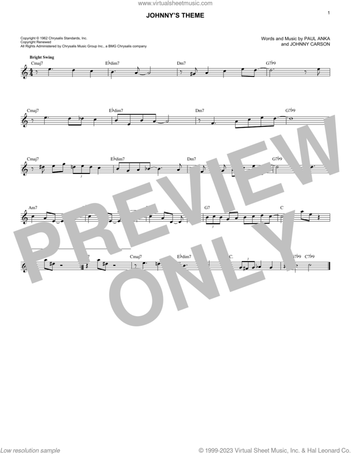 Johnny's Theme sheet music for voice and other instruments (fake book) by Paul Anka and Johnny Carson, intermediate skill level
