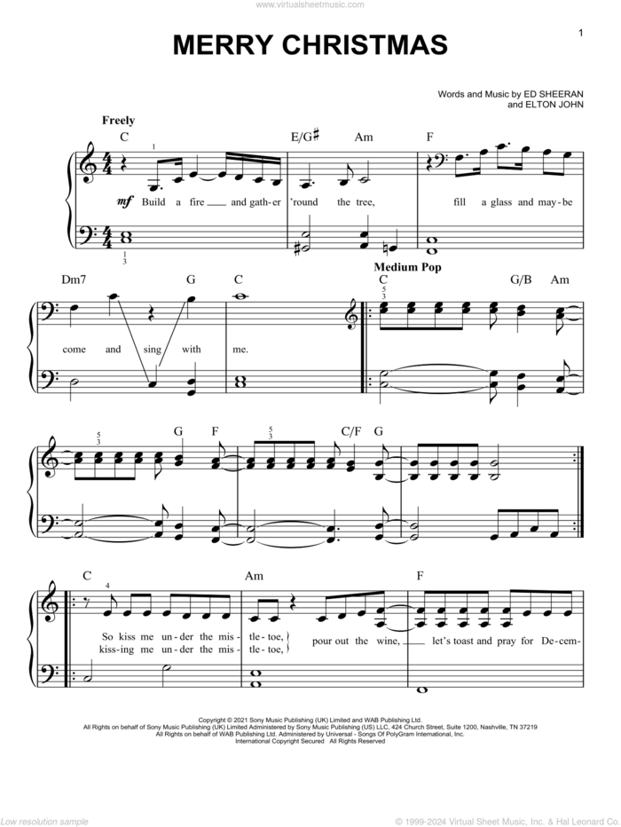 Merry Christmas sheet music for piano solo by Ed Sheeran & Elton John, Ed Sheeran and Elton John, easy skill level