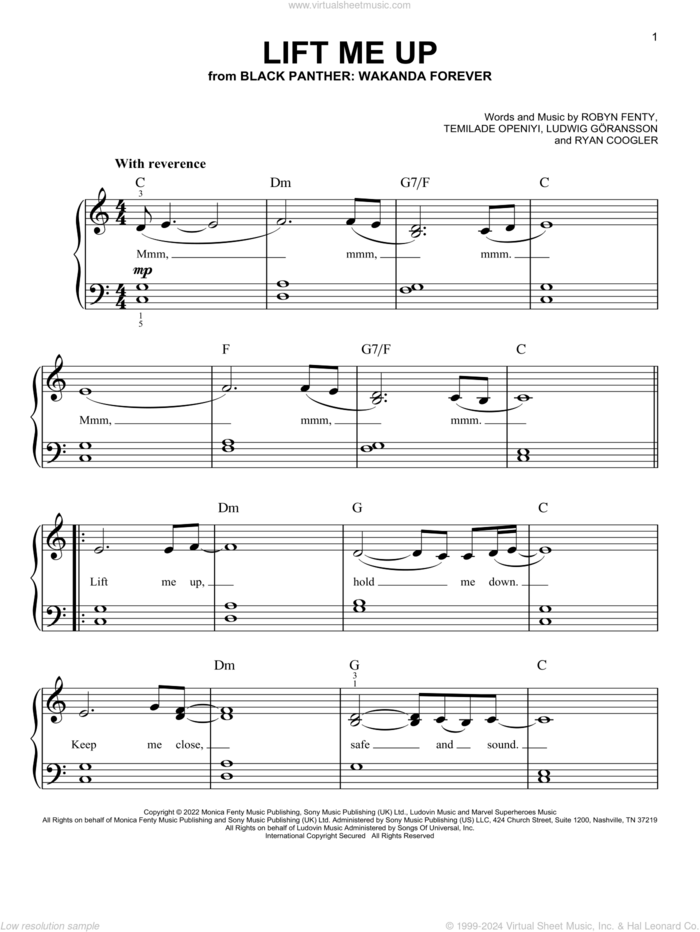 Lift Me Up (from Black Panther: Wakanda Forever), (easy) sheet music for piano solo by Rihanna, Ludwig Goransson, Robyn Fenty, Ryan Coogler and Temilade Openiyi, easy skill level