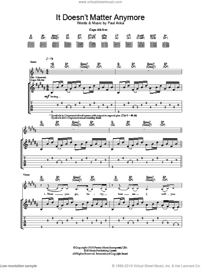 It Doesn't Matter Anymore sheet music for guitar (tablature) by Eva Cassidy and Paul Anka, intermediate skill level
