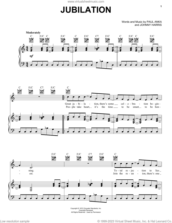 Jubilation sheet music for voice, piano or guitar by Paul Anka and Johnny Harris, intermediate skill level