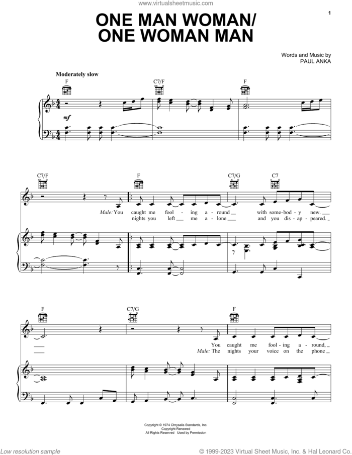 One Man Woman/One Woman Man sheet music for voice, piano or guitar by Paul Anka, intermediate skill level
