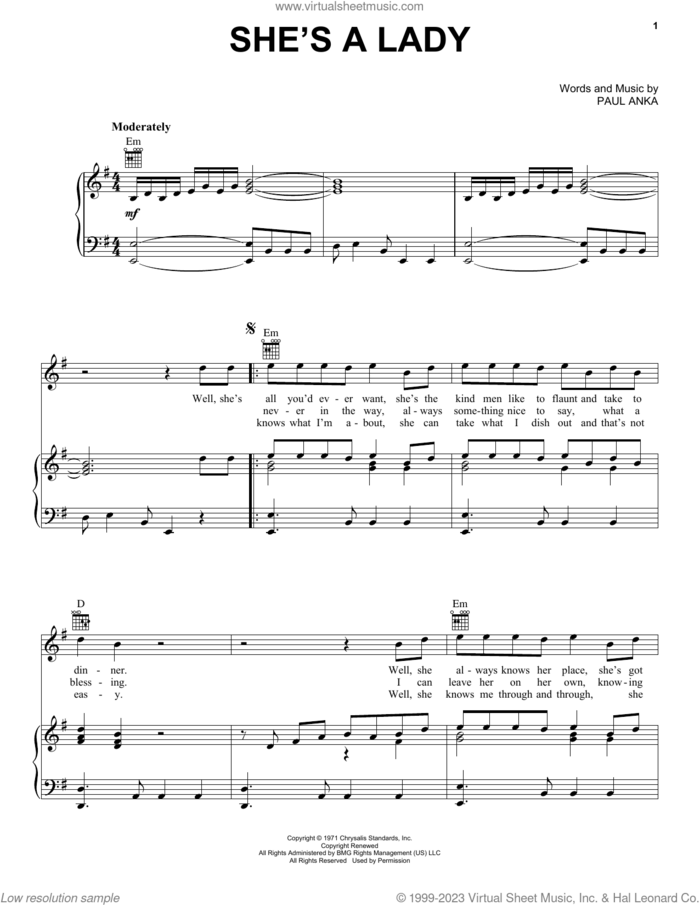 She's A Lady sheet music for voice, piano or guitar by Paul Anka and Tom Jones, intermediate skill level