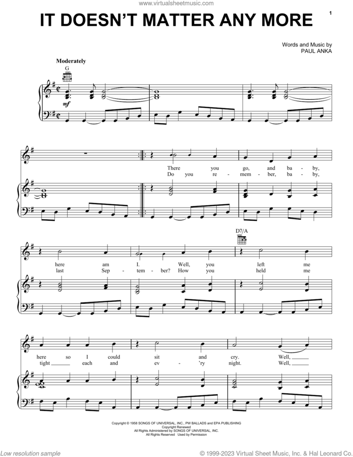 It Doesn't Matter Anymore sheet music for voice, piano or guitar by Linda Ronstadt and Paul Anka, intermediate skill level