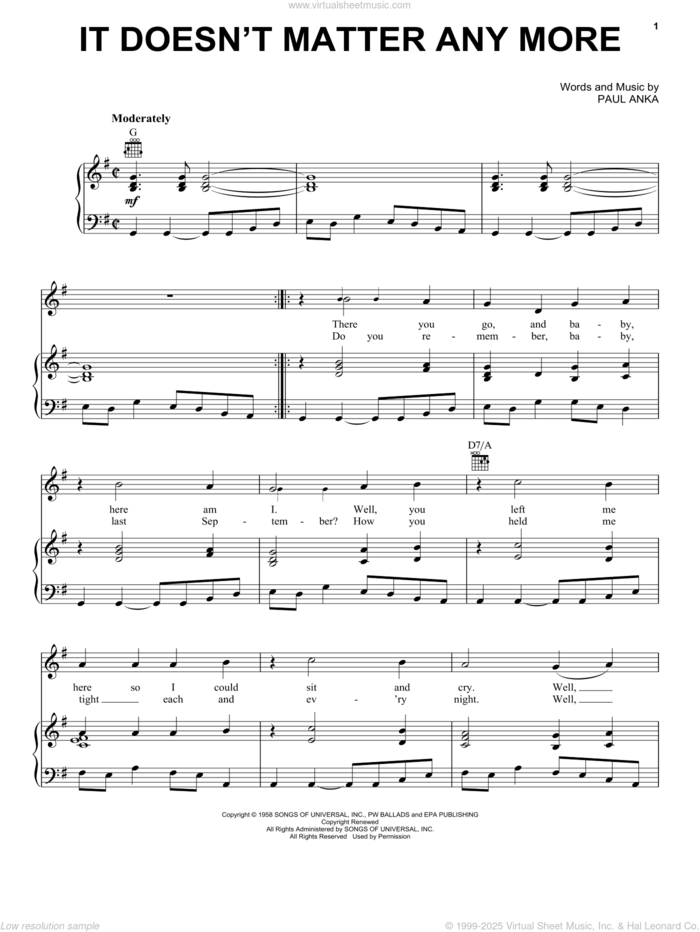 It Doesn't Matter Anymore sheet music for voice, piano or guitar by Linda Ronstadt and Paul Anka, intermediate skill level