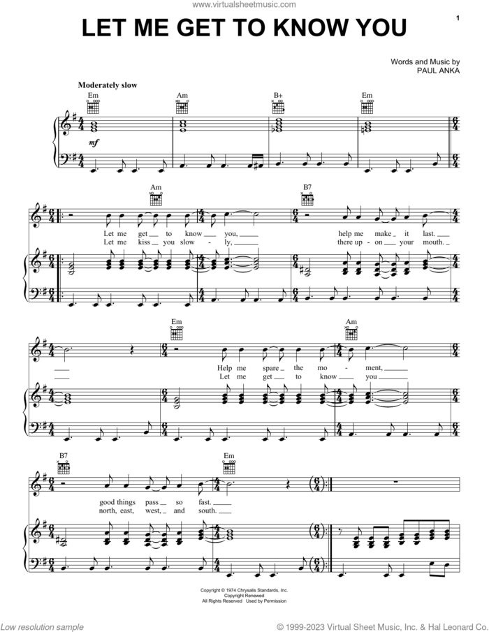 Let Me Get To Know You sheet music for voice, piano or guitar by Paul Anka, intermediate skill level