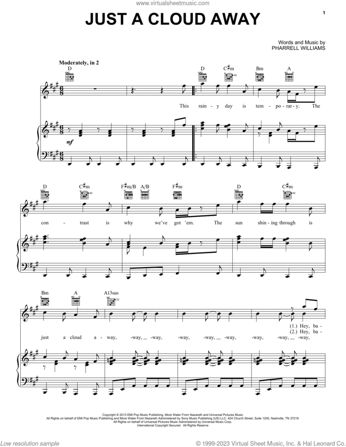 Just A Cloud Away (from Despicable Me 2) sheet music for voice, piano or guitar by Pharrell Williams, intermediate skill level