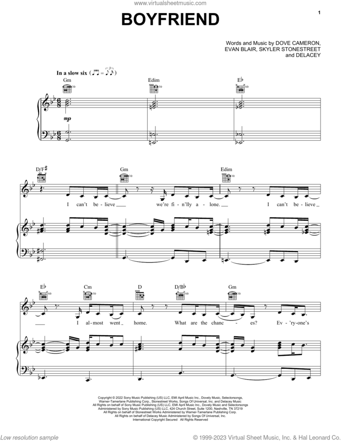Boyfriend sheet music for voice, piano or guitar by Dove Cameron, Delacey, Evan Blair and Skyler Stonestreet, intermediate skill level