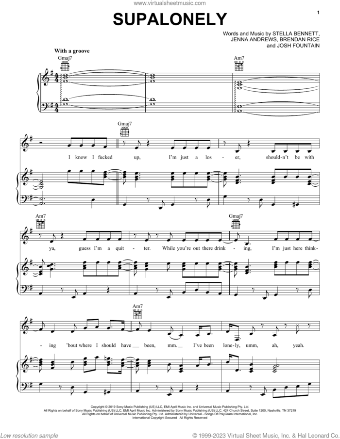 Supalonely sheet music for voice, piano or guitar by BENEE and Gus Dapperton, Brendan Rice, Jenna Andrews, Josh Fountain and Stella Bennett, intermediate skill level