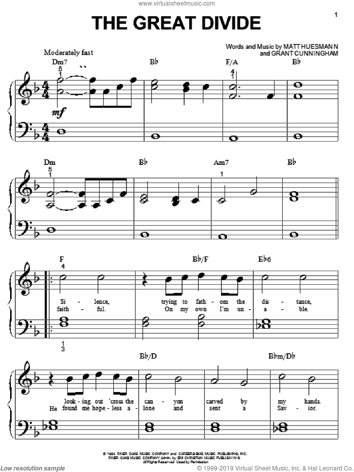 The Great Divide sheet music for piano solo (big note book) by Point Of Grace, Grant Cunningham and Matt Huesmann, easy piano (big note book)