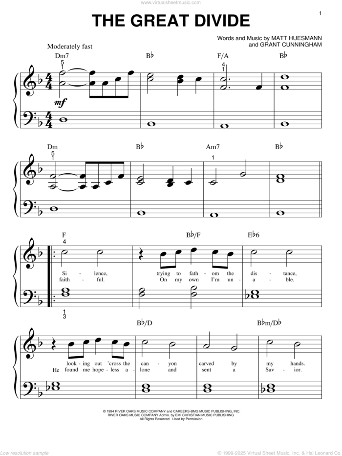 The Great Divide sheet music for piano solo (big note book) by Point Of Grace, Grant Cunningham and Matt Huesmann, easy piano (big note book)