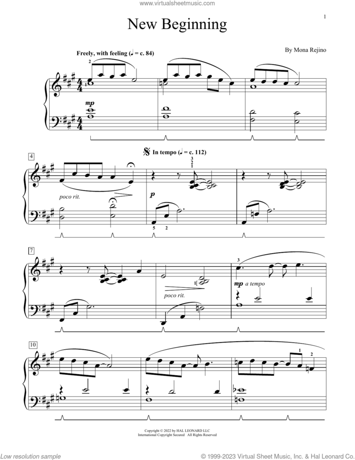 New Beginning sheet music for piano solo (elementary) by Mona Rejino, beginner piano (elementary)
