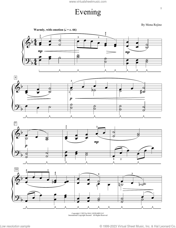 Evening sheet music for piano solo (elementary) by Mona Rejino, beginner piano (elementary)