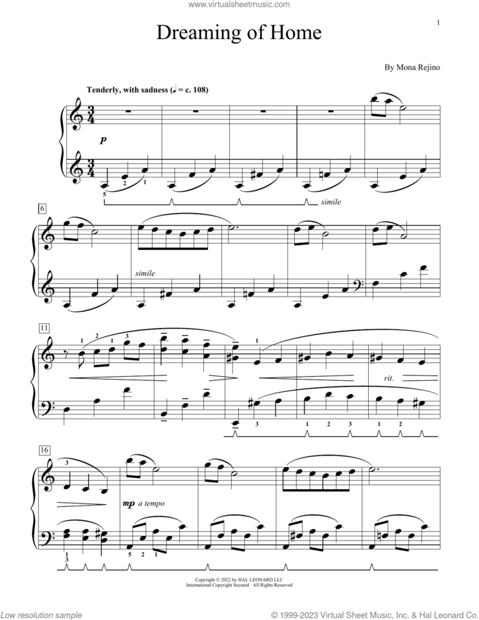 Dreaming Of Home sheet music for piano solo (elementary) by Mona Rejino, beginner piano (elementary)