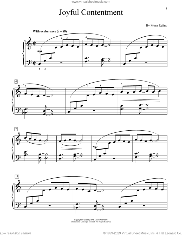 Joyful Contentment sheet music for piano solo (elementary) by Mona Rejino, beginner piano (elementary)