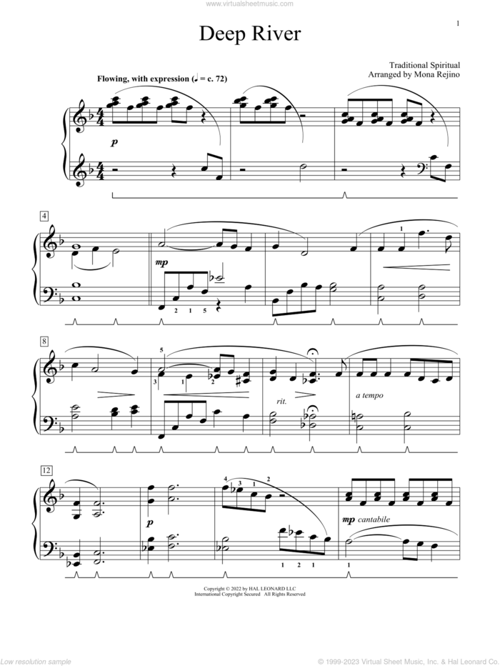 Deep River (arr. Mona Rejino) sheet music for piano solo (elementary)  and Mona Rejino, beginner piano (elementary)