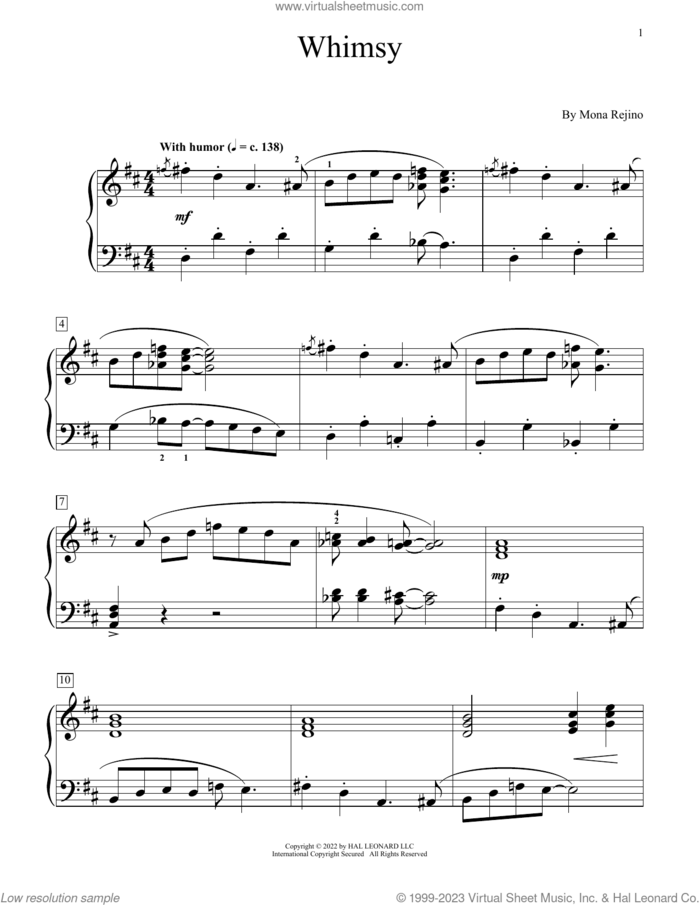 Whimsy sheet music for piano solo (elementary) by Mona Rejino, beginner piano (elementary)
