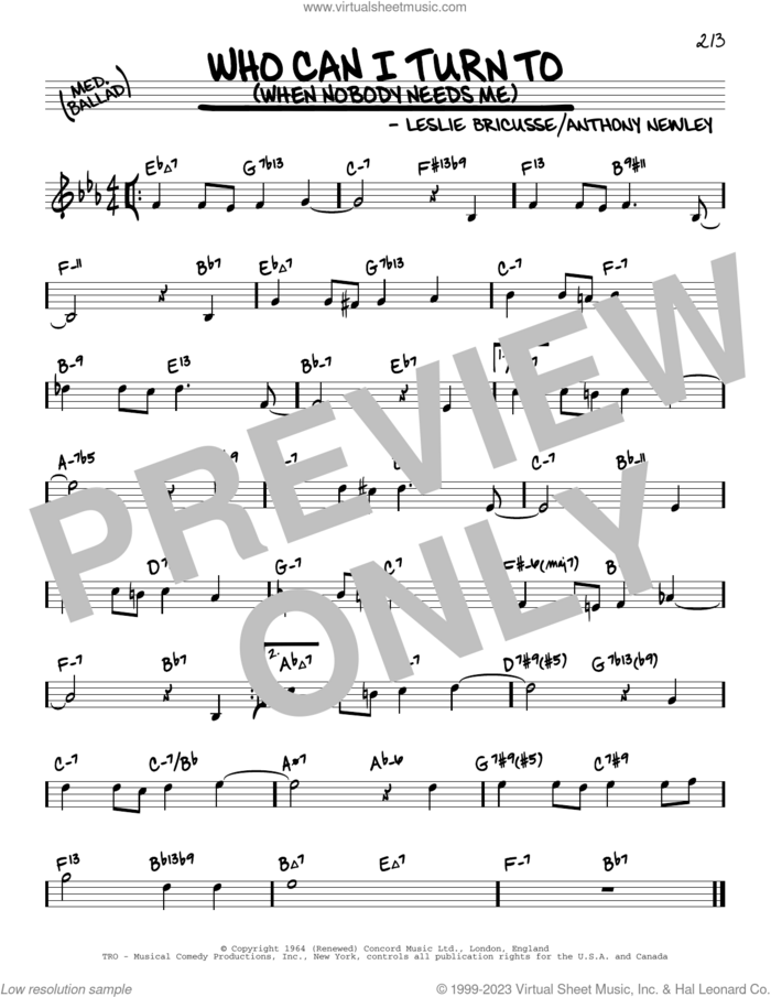 Who Can I Turn To (When Nobody Needs Me) (arr. David Hazeltine) sheet music for voice and other instruments (real book) by Leslie Bricusse, David Hazeltine and Anthony Newley, intermediate skill level