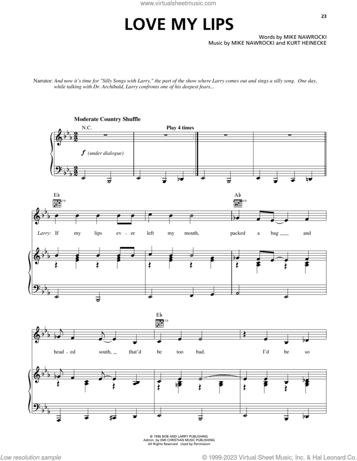 Love My Lips (from VeggieTales) sheet music for voice, piano or guitar by Mike Nawrocki, VeggieTales and Kurt Heinecke, intermediate skill level