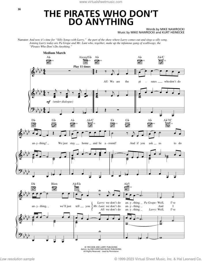 The Pirates Who Don't Do Anything (from VeggieTales) sheet music for voice, piano or guitar by Mike Nawrocki, VeggieTales and Kurt Heinecke, intermediate skill level