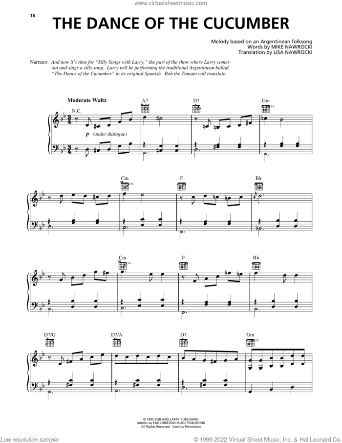 The Dance Of The Cucumber (from VeggieTales) sheet music for voice, piano or guitar by Mike Nawrocki, VeggieTales, Argentinean Folksong and Lisa Nawrocki, intermediate skill level