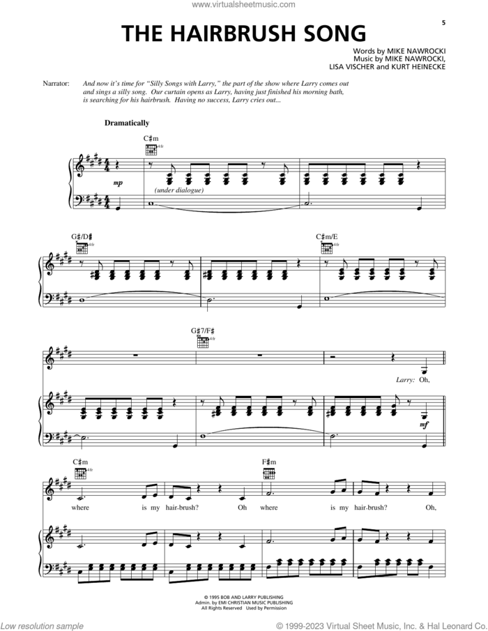 The Hairbrush Song (from VeggieTales) sheet music for voice, piano or guitar by Mike Nawrocki, VeggieTales, Kurt Heinecke and Lisa Vischer, intermediate skill level