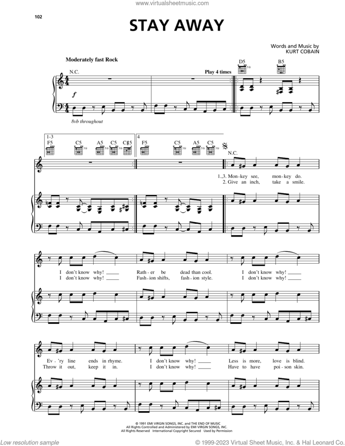 Stay Away sheet music for voice, piano or guitar by Nirvana and Kurt Cobain, intermediate skill level