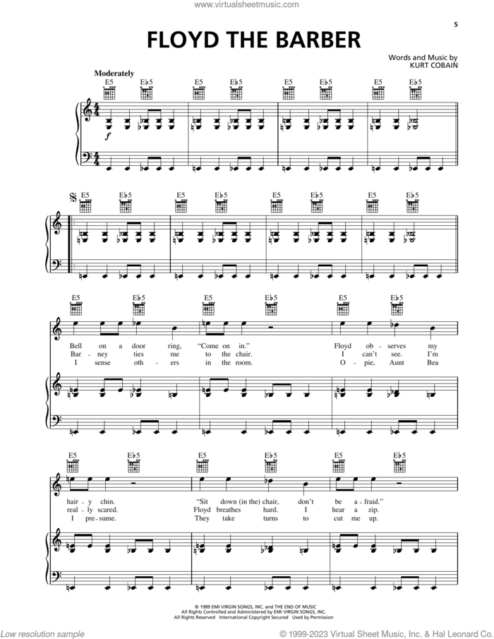Floyd The Barber sheet music for voice, piano or guitar by Nirvana and Kurt Cobain, intermediate skill level