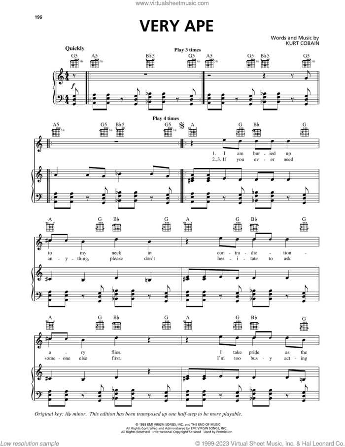 Very Ape sheet music for voice, piano or guitar by Nirvana and Kurt Cobain, intermediate skill level
