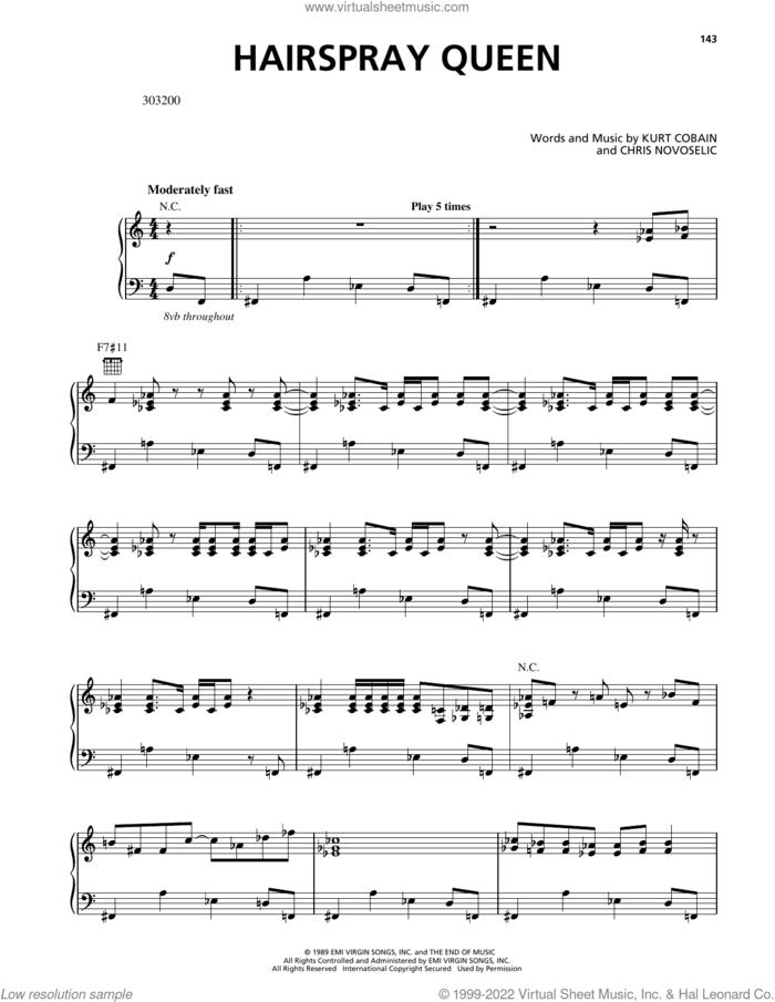 Hairspray Queen sheet music for voice, piano or guitar by Nirvana, Krist Novoselic and Kurt Cobain, intermediate skill level