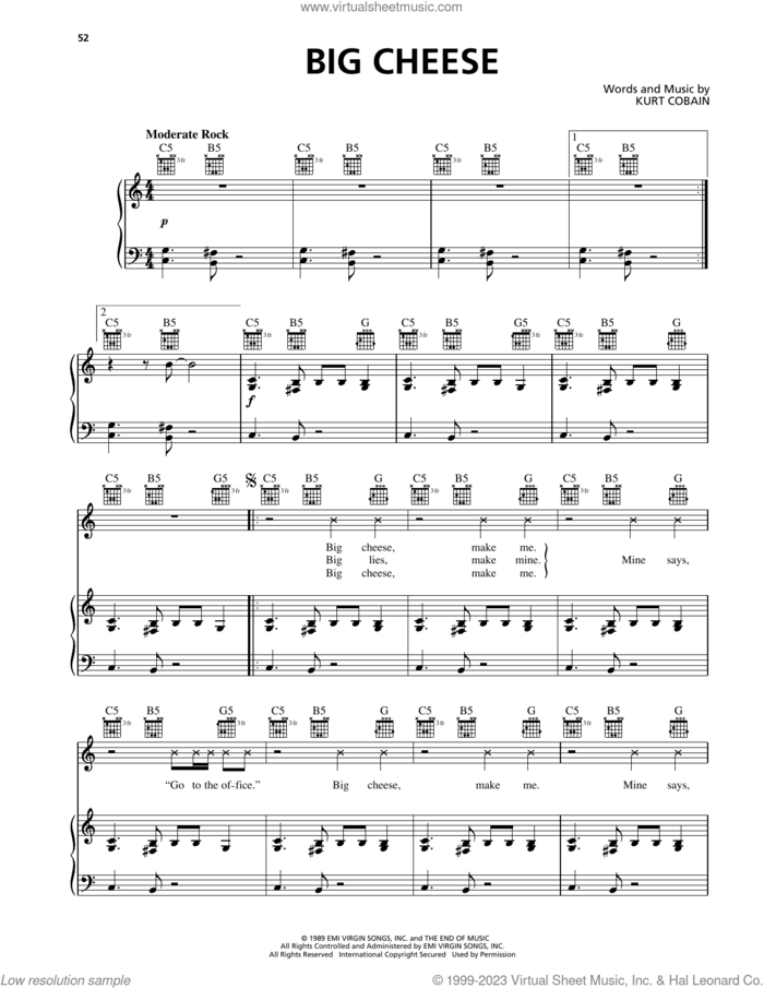 Big Cheese sheet music for voice, piano or guitar by Nirvana, Krist Novoselic and Kurt Cobain, intermediate skill level