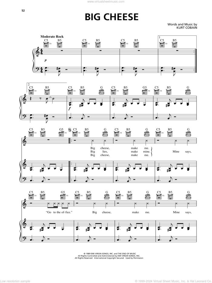 Big Cheese sheet music for voice, piano or guitar by Nirvana, Krist Novoselic and Kurt Cobain, intermediate skill level