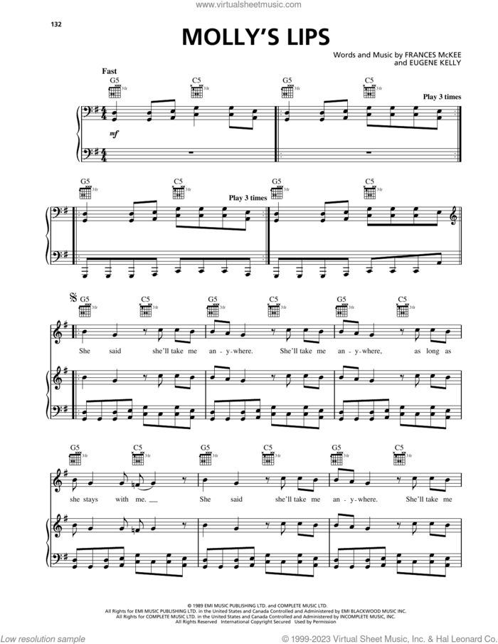 Molly's Lips sheet music for voice, piano or guitar by Nirvana, Eugene Kelly and Frances McKee, intermediate skill level