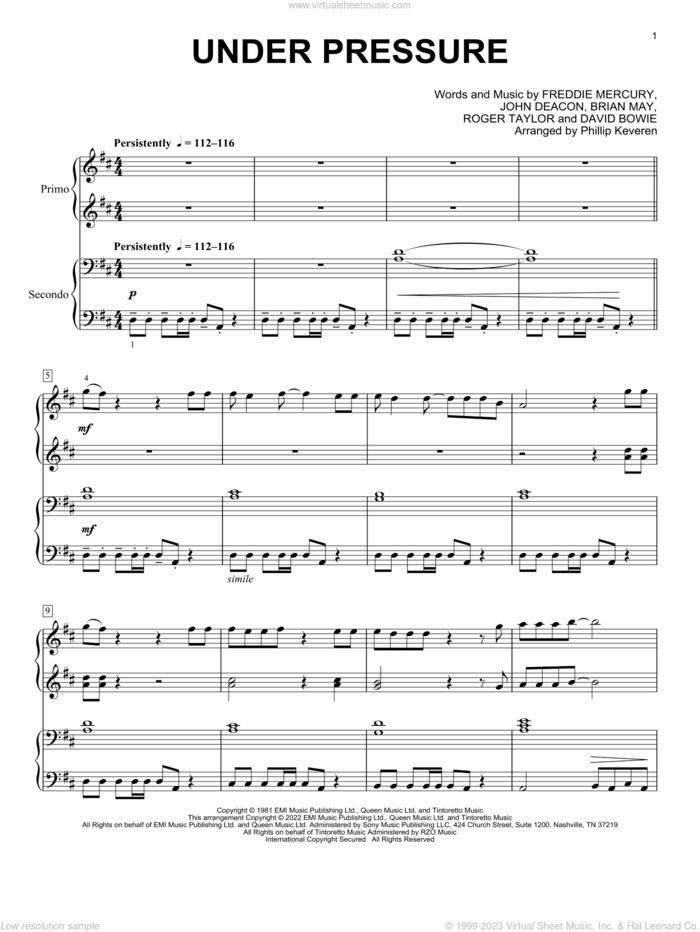 Under Pressure (arr. Phillip Keveren) sheet music for piano four hands by Queen & David Bowie, Phillip Keveren, Queen, Brian May, David Bowie, Freddie Mercury, John Deacon and Roger Taylor, intermediate skill level