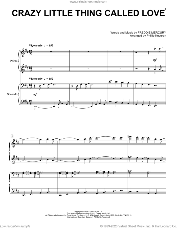 Crazy Little Thing Called Love (arr. Phillip Keveren) sheet music for piano four hands by Queen, Phillip Keveren and Freddie Mercury, intermediate skill level