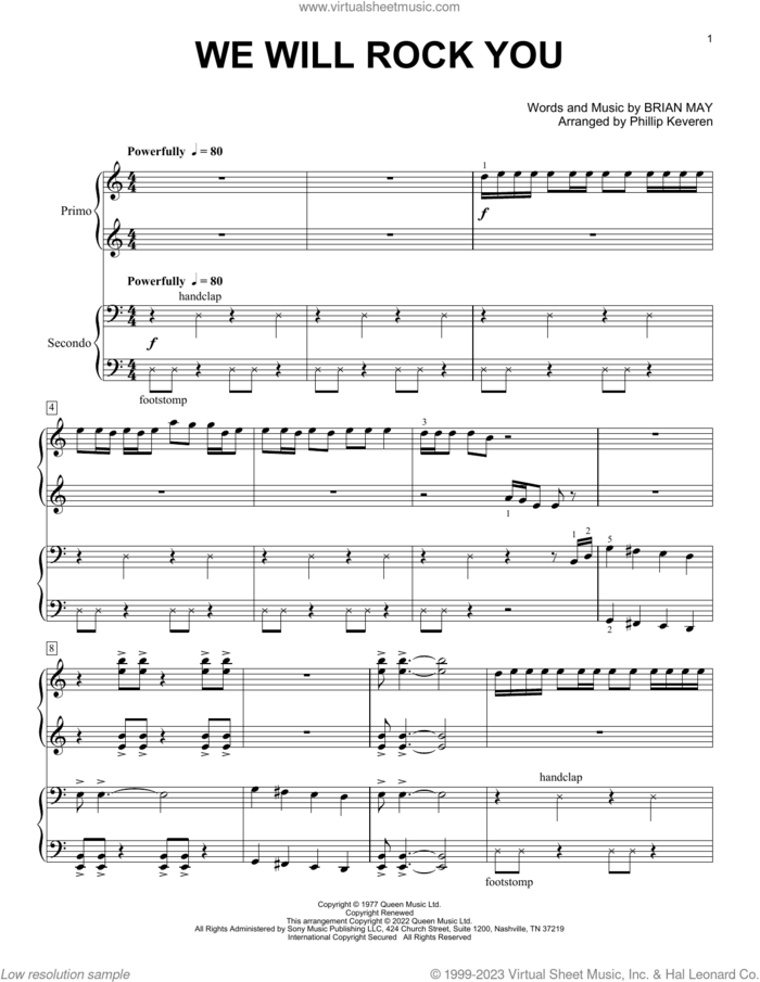 We Will Rock You (arr. Phillip Keveren) sheet music for piano four hands by Queen, Phillip Keveren and Brian May, intermediate skill level