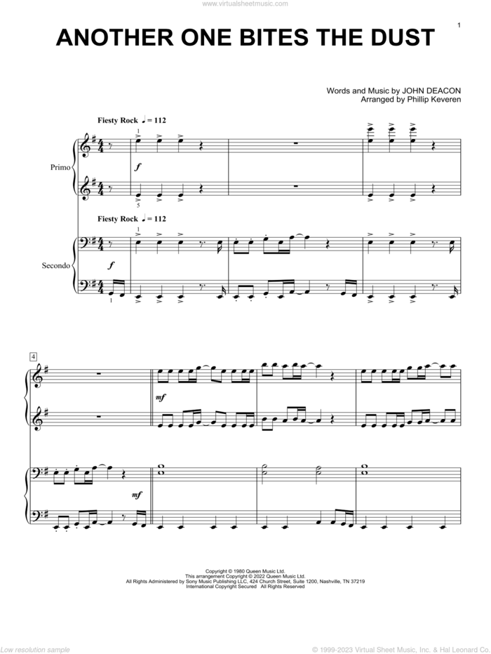 Another One Bites The Dust (arr. Phillip Keveren) sheet music for piano four hands by Queen, Phillip Keveren and John Deacon, intermediate skill level
