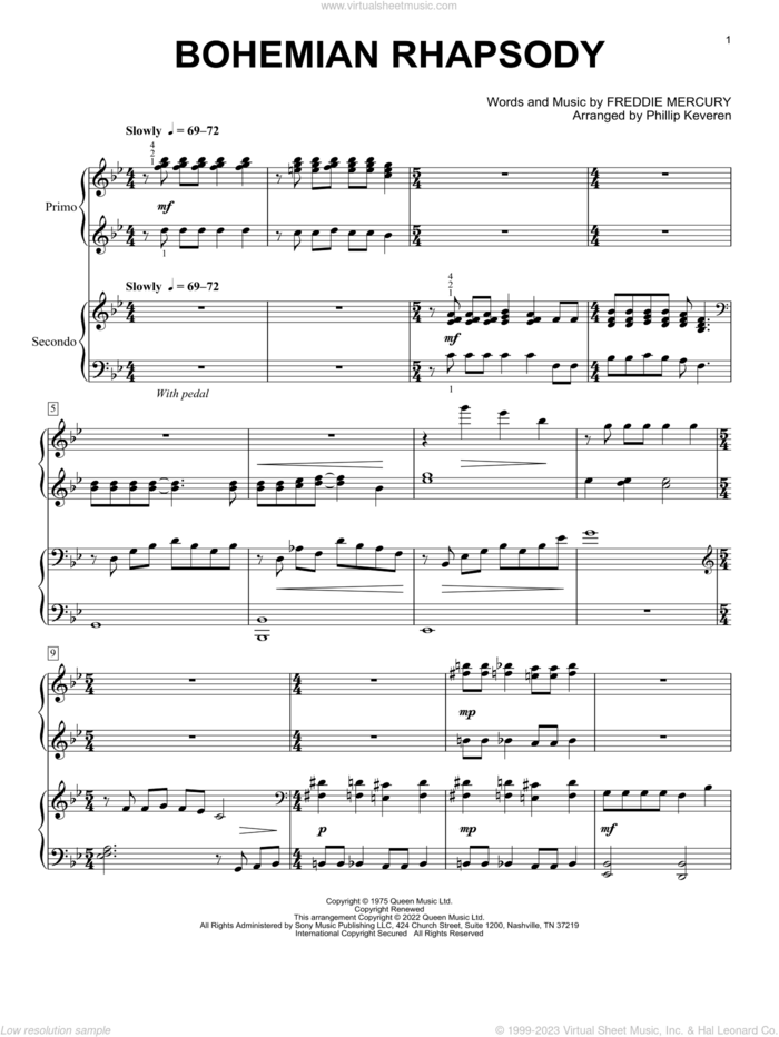 Bohemian Rhapsody (arr. Phillip Keveren) sheet music for piano four hands by Queen, Phillip Keveren and Freddie Mercury, intermediate skill level