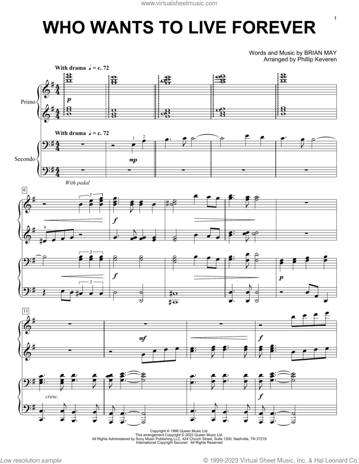Who Wants To Live Forever (arr. Phillip Keveren) sheet music for piano four hands by Queen, Phillip Keveren and Brian May, intermediate skill level