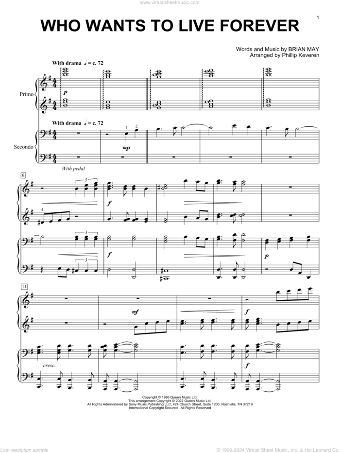 Who Wants To Live Forever (arr. Phillip Keveren) sheet music for piano four hands by Queen, Phillip Keveren and Brian May, intermediate skill level