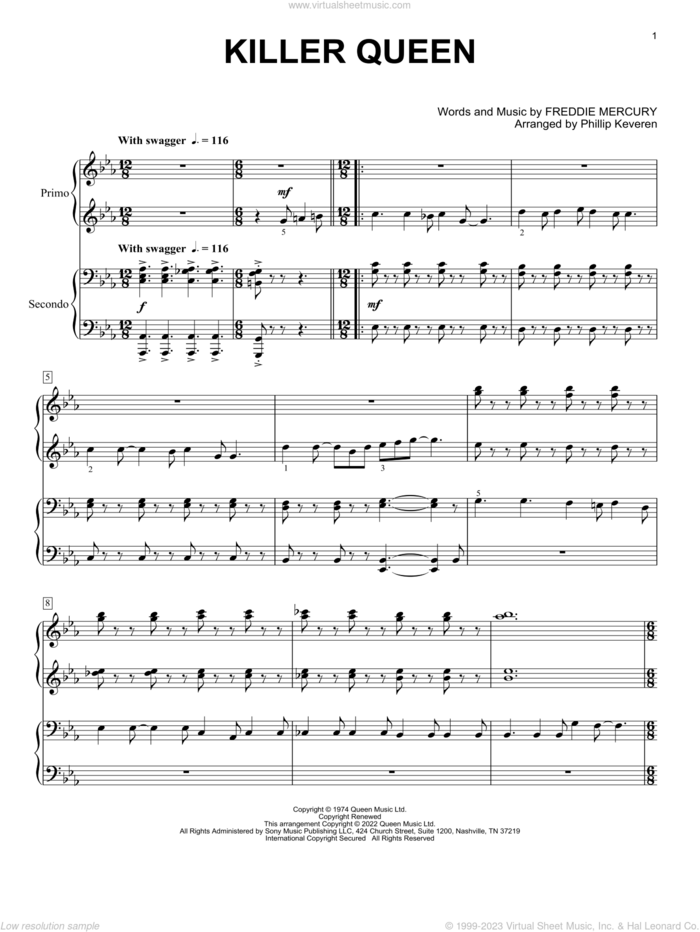 Killer Queen (arr. Phillip Keveren) sheet music for piano four hands by Queen, Phillip Keveren and Freddie Mercury, intermediate skill level