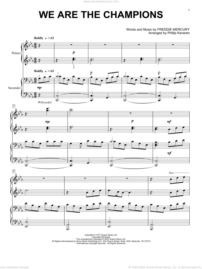 We Are The Champions (arr. Phillip Keveren) sheet music for piano four hands by Queen, Phillip Keveren and Freddie Mercury, intermediate skill level