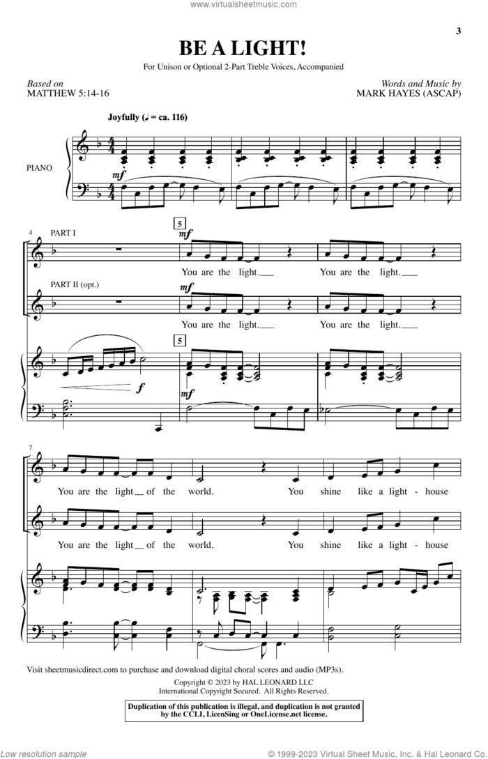 Be A Light! sheet music for choir (2-Part) by Mark Hayes and Matthew 5:14-16, intermediate duet