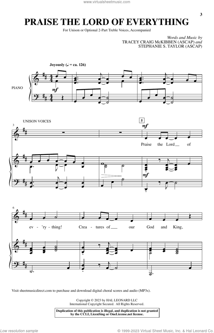 Praise The Lord Of Everything sheet music for choir (Unison, 2-Part Treble) by Tracey Craig McKibben and Stephanie S. Taylor, Stephanie S. Taylor and Tracey Craig McKibben, intermediate skill level