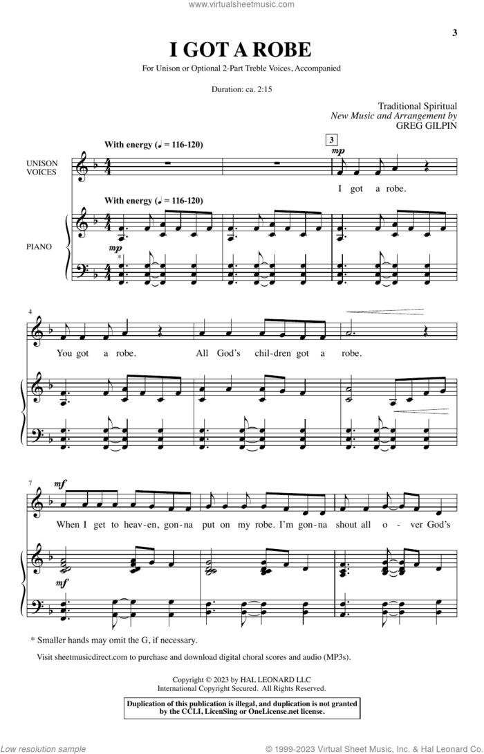 I Got A Robe sheet music for choir (Unison, 2-Part Treble) by Greg Gilpin and Miscellaneous, intermediate skill level