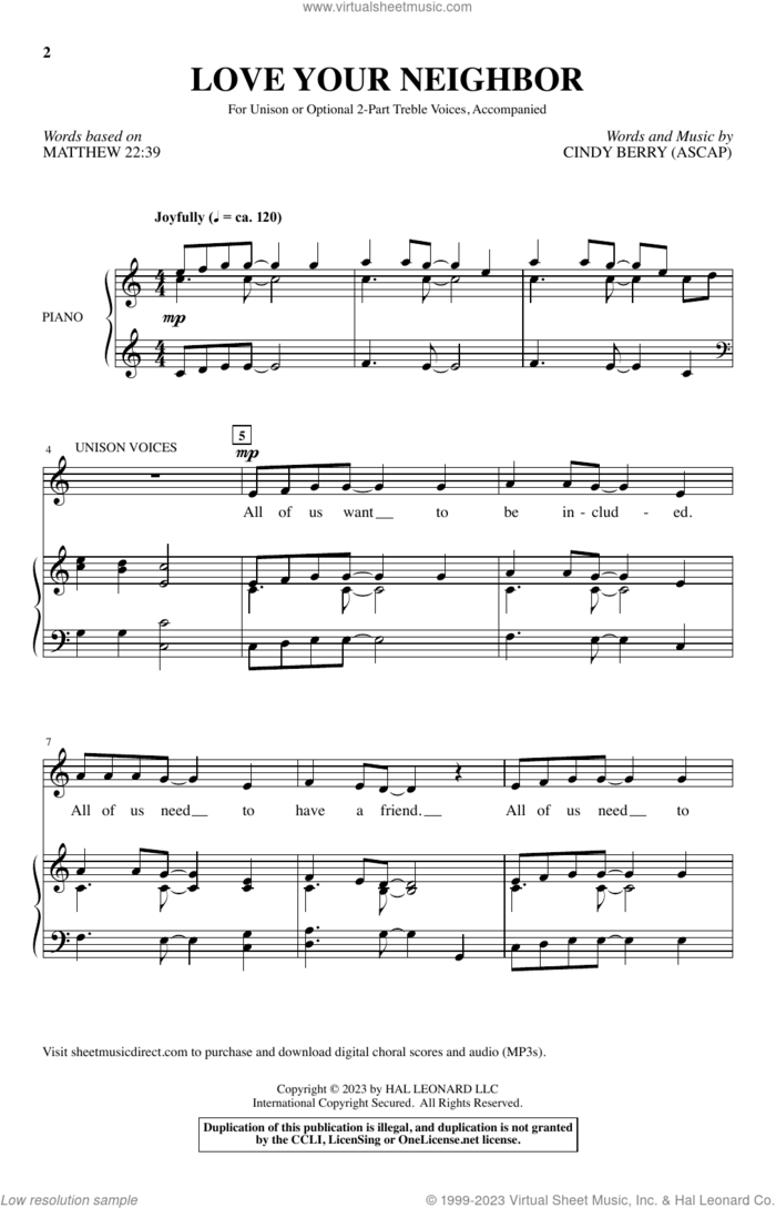 Love Your Neighbor sheet music for choir (Unison, 2-Part Treble) by Cindy Berry and Matthew 22:39, intermediate skill level