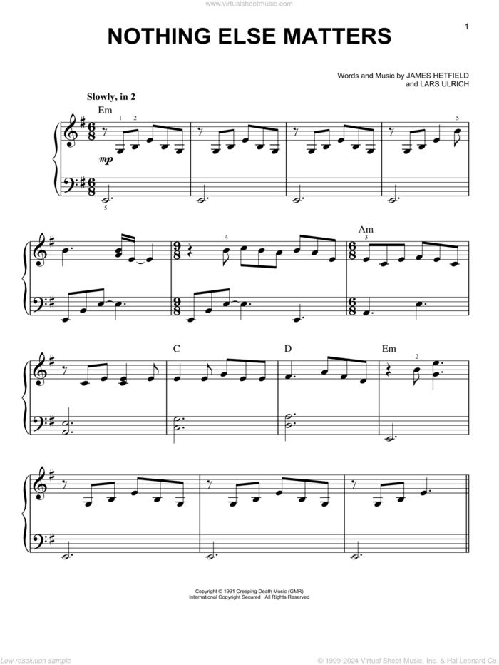 Nothing Else Matters sheet music for piano solo by Metallica, James Hetfield and Lars Ulrich, easy skill level